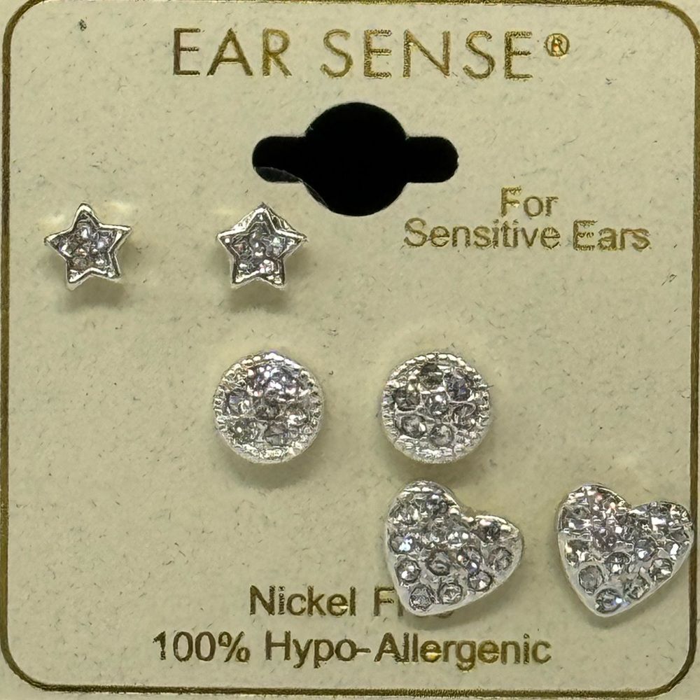 Ear Sense Set of 3 Silver Sparkling Heart Star and Circle Stud Earrings